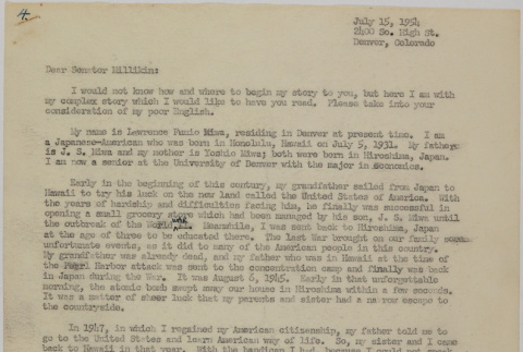 Letter from Lawrence Fumio Miwa to Senator Milliken (ddr-densho-437-166)
