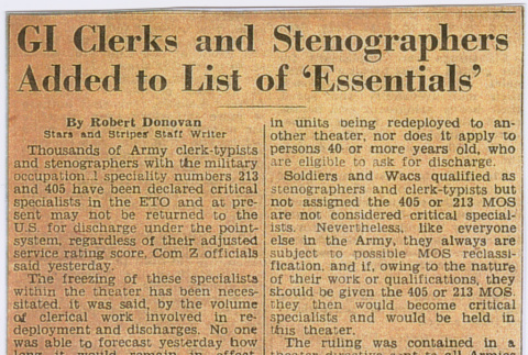 Article titled:  GI Clerks and Stenographers Added to List of 'Essentials' (ddr-densho-539-96)