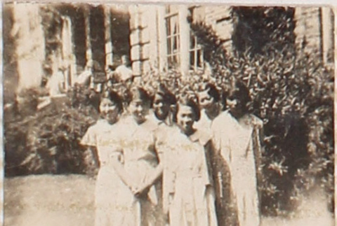 Six young women standing outside building (ddr-densho-464-85)