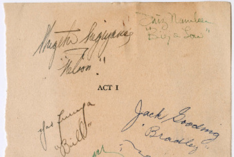 Autographs written on title page of Act I from a script (ddr-densho-484-17)