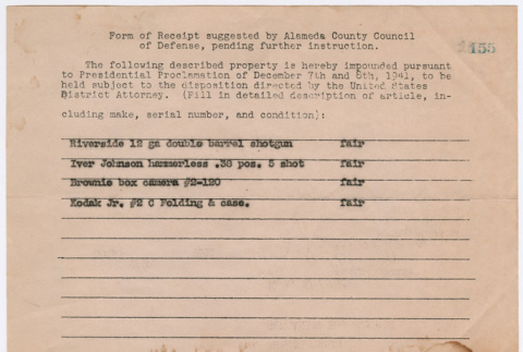 Receipt for seized property from Kaneji Domoto (ddr-densho-329-975)