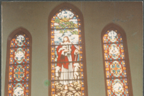 Bride and groom by stained glass (ddr-densho-523-600)