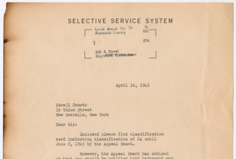 Selective Service Letter granting Kaneji Domoto a deferment (ddr-densho-329-1029)