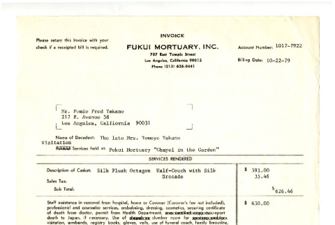 Invoice Fukui Mortuary, Inc. (ddr-csujad-42-41)