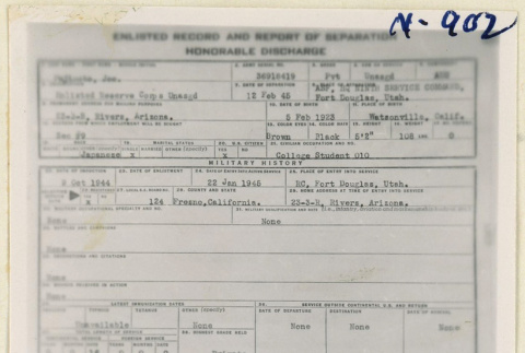 Enlisted record and report of honorable discharge for Joe Fujimoto (ddr-densho-37-1820)