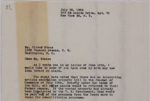 Letter from Lawrence Miwa to Oliver Ellis Stone concerning claim for James Seigo Maw's confiscated property (ddr-densho-437-232)