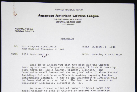 Memo to Chapter Presidents, Redress Reps from Bill Yoshino (ddr-chijacl-1-281)