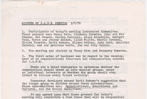 Minutes and agenda from 5/7/78  J.A.N.E. (Japanese Americans in New England) meeting (ddr-densho-523-723)