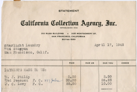 Document from collection agency for debts to Starlight Laundry (ddr-densho-423-567)