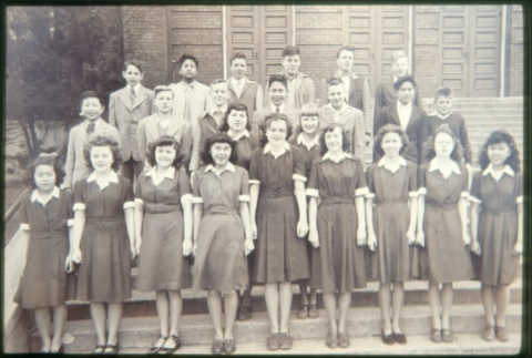 Young men and women on steps outside building (ddr-densho-330-123)