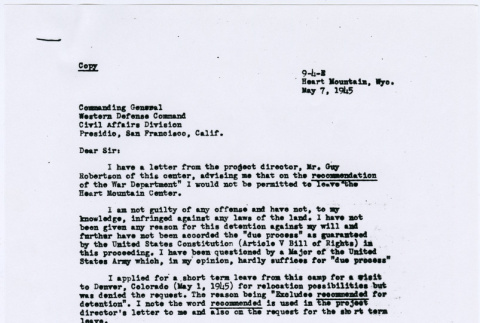 Response from Arthur Emi to Western Defense Command Hdqtrs re: exclusion order (ddr-densho-122-444)