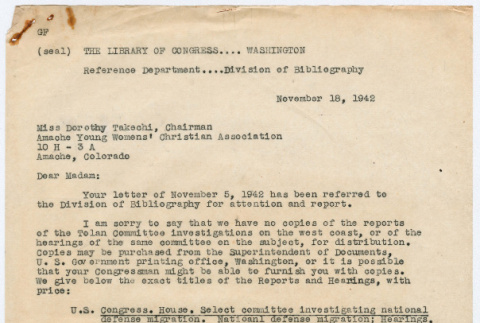 Letter to Dorothy Takechi from Florence Hellman regarding Tolan Committee report and other secondary sources (ddr-densho-356-835)