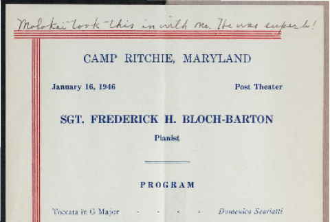 Sgt. Frederick H. Bloch-Barton pianist program (ddr-csujad-49-133)
