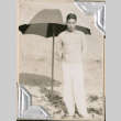 Man at the beach with umbrella (ddr-densho-383-93)