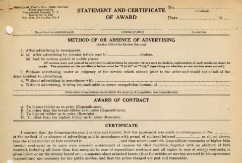 Statement and Certificate of Award for construction contracts (ddr-densho-155-41)