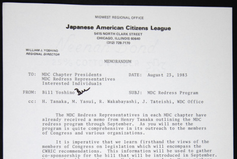 Memo to MDC Chapter Presidents, MDC Redress Representatives and Interested Individuals from Bill Yoshino (ddr-chijacl-1-263)
