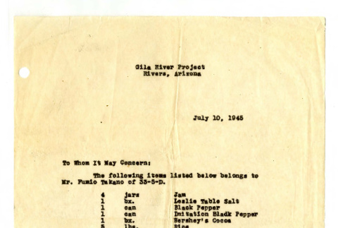 Letter from John D. Seater, Chief Project Steward, Gila River Project, July 10, 1945 (ddr-csujad-42-113)