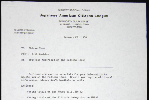 Memo to Shinae Chun from Bill Yoshino (ddr-chijacl-1-656)