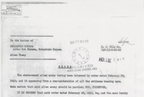 Order from Attorney General Francis Biddle on the internment of Keizaburo Koyama (ddr-one-5-227)