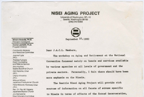 Letter form Hana Masuda to JACL Members re:  Nisei Aging Project (ddr-densho-523-721)