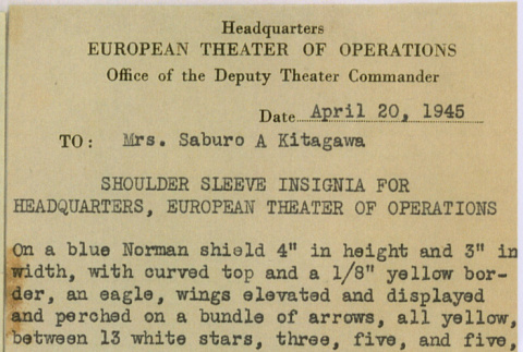 Description of shoulder sleeve insignia for Headquarters of the European Theater of Operations (ddr-densho-539-63)