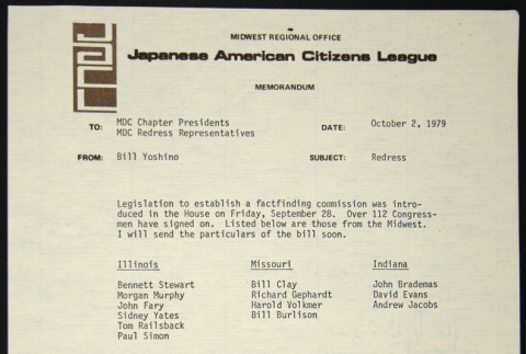 Memo to MDC Chapter Presidents and Redress Representatives from Bill Yoshino (ddr-chijacl-1-225)