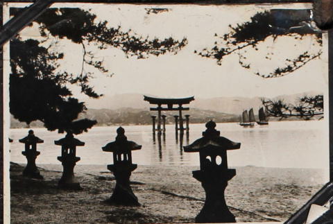 Shrines along shore with Tori Shrine in background (ddr-densho-326-256)