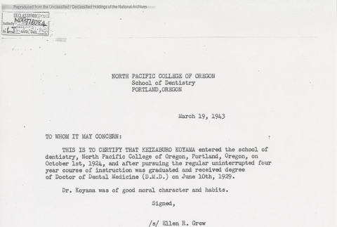 North Pacific College of Oregon School of Dentistry confirmation of attendance letter (ddr-one-5-189)