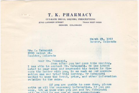 Letter sent to T.K. Pharmacy (ddr-densho-319-553)