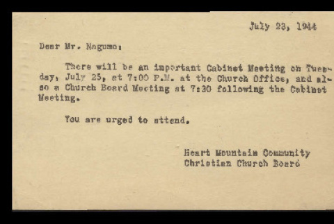 Postcard from Heart Mountain Community Christian Church Board to Mr. Shoji Nagumo, July 23, 1944 (ddr-csujad-55-998)