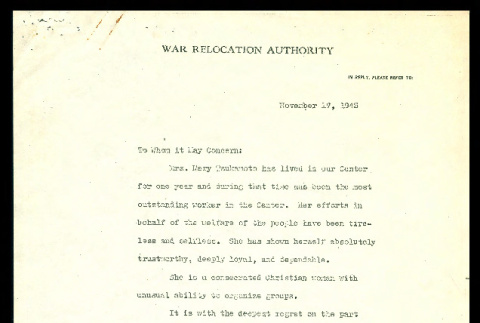 Letter from Beryl Henry, Curriculum Advisor, Denson High School, to To Whom it May Concern, November 17, 1943 (ddr-csujad-55-1)