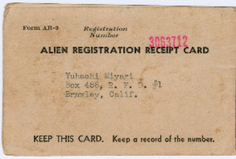Yuhachi Miyagi's Alien Registration Card (ddr-densho-416-6)