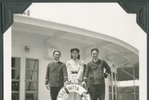 Two men and a woman on the deck of the Nitta Maru (ddr-densho-300-216)