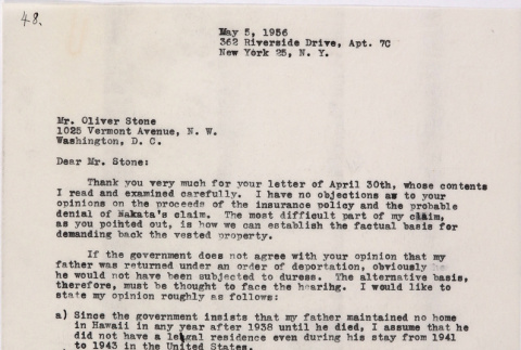 Letter from Lawrence Miwa to Oliver Ellis Stone concerning claim for James Seigo Maw's confiscated property (ddr-densho-437-229)