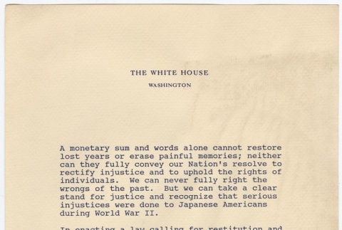 Document from White House regarding restitution. (ddr-densho-332-62)