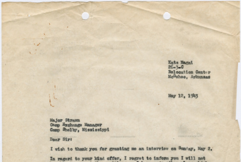 Letter from Kats Nagai to Major Strawn (ddr-densho-379-339)