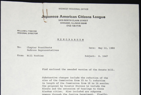 Memo to Chapter Presidents and Redress Representatives from Bill Yoshino (ddr-chijacl-1-463)