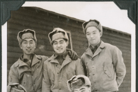 Five men outside camp building in snow. Joe Iwataki on far left (ddr-ajah-2-457)