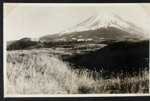 View of Mount Fuji from a grassy field. (ddr-densho-404-141)