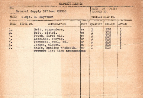 Property Turn-in form for items allocated to Ben Mayewaki (ddr-densho-563-47)