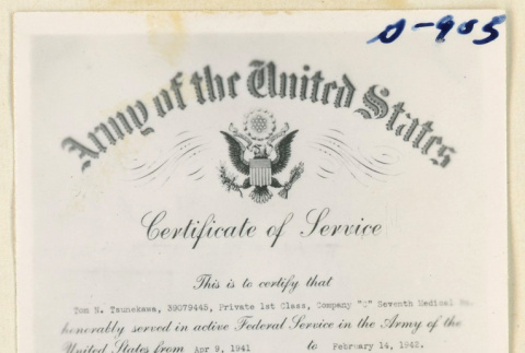 Certificate of service for Tom Tsunekawa (ddr-densho-37-1954)