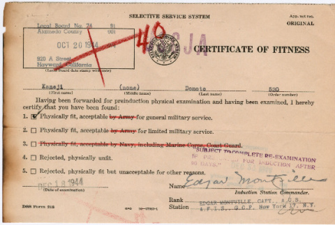 Certificate of Fitness from Selective Service (ddr-densho-329-1034)