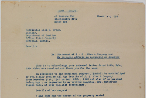 Letter from Seigo Miwa to Leon Gross, Office of Alien Property (ddr-densho-437-165)