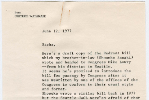 Letter to Sasha Hohri from Chiyeko Watanabe with a copy of a drafted Redress bill headed to Congress (ddr-densho-352-246)