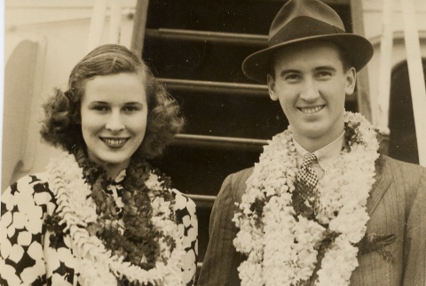 A couple wearing leis on a ship (ddr-njpa-1-410)
