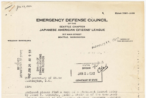 Statement by James Sakamoto, and letter from William Hosokawa to Secretary of State concerning letter (ddr-densho-122-881)