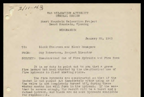 Memo from Guy Robertson, Project Director, Heart Mountain Relocation Project, to block chairmen and block managers, January 22, 1943 (ddr-csujad-55-625)