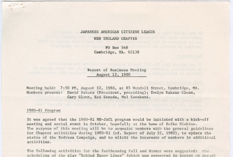 Report of Business Meeting of New England Chapter of the JACL 8/12/1980 (ddr-densho-523-750)