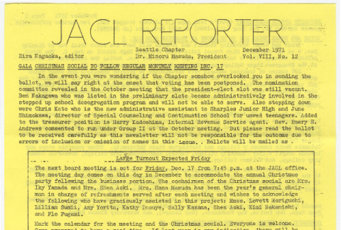 Seattle Chapter, JACL Reporter, Vol. VIII, No. 12, December 1971 (ddr-sjacl-1-137)