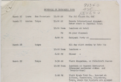 Tour Schedule for Takahashi tour to Japan (ddr-densho-424-809)